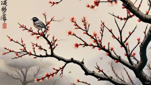 中国风格艺术插画和刺绣复古鸟类植物32k