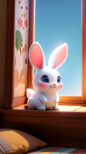 小兔米米在自己的房间，阳光透过窗户洒在地毯上。