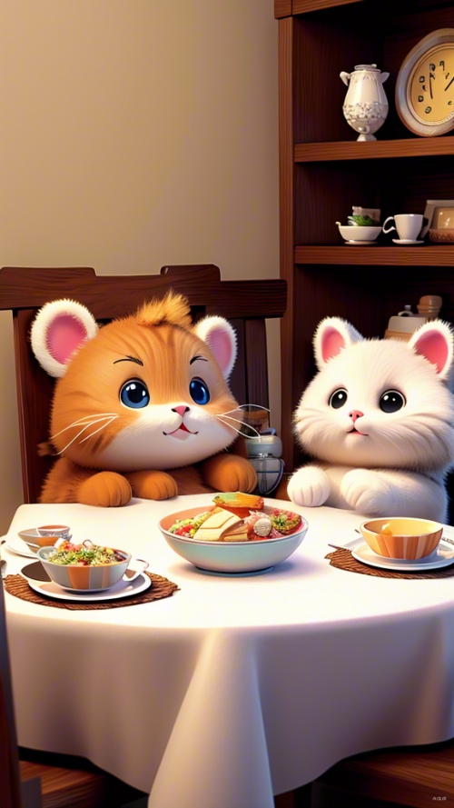 米米、小熊和小猫围坐在餐桌旁，享受着他们一起准备的早餐。