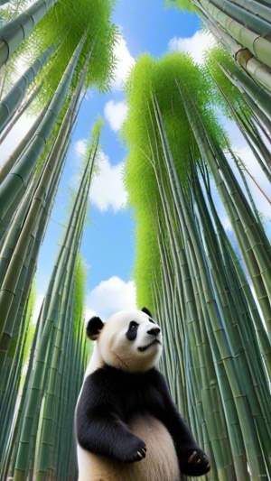 竹林,熊猫,翠绿色,向上看向蓝天,熊猫视角,中心构图,3d效果,摄影,三维古风