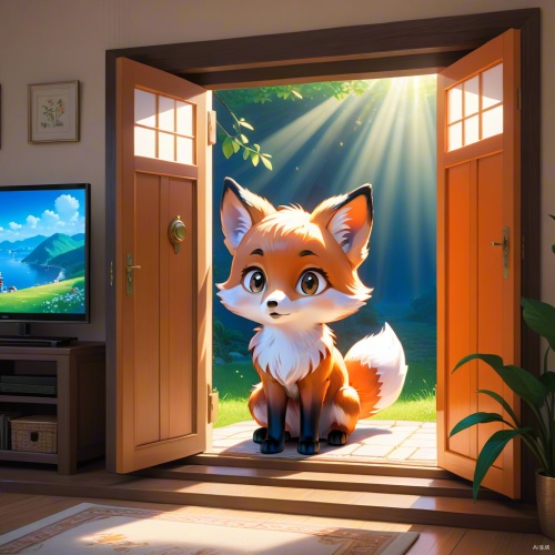 小狐狸菲菲，看电视，客厅，电视播放一扇发光的门