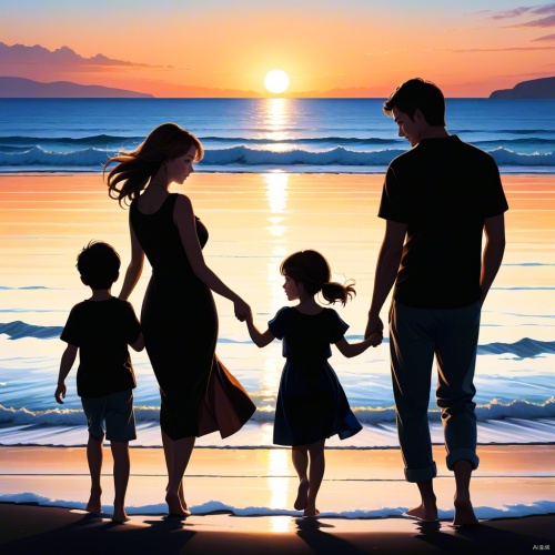 爸爸、妈妈、儿子、女儿一家四口，四个人在海边愉快玩耍的+海边傍晚剪影+ 极简、背景黑