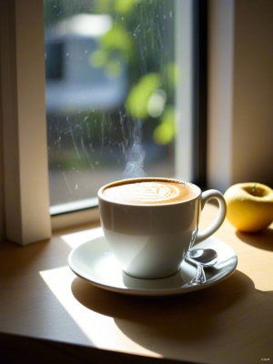 一杯咖啡开启美好的一天，橱窗，自然光，高清摄影，近景