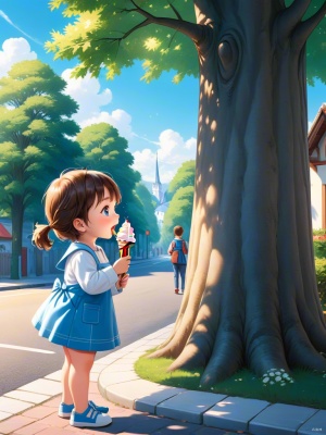 开心的小孩在大树旁吃冰淇淋全身侧面卡通画