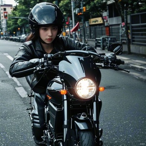 一个女孩，头戴摩托车头盔，骑着太子摩托车，在马路上，侧身看后边，身穿皮衣皮裤，脚穿马丁靴，看上去非常炫酷