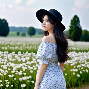 Girl in White Dress with Sun Hat in Outdoor Field