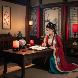 中国古代，一读书人屋内，深夜，书桌上有红烛和书等文房四宝，一书生坐在桌前打瞌睡。屋内还有画屏，和盆景绿植。
