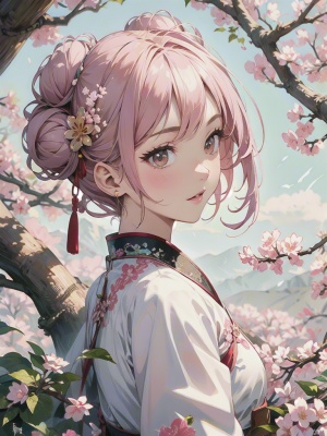 精致新中式插画美女在桃花树下汉服仙气