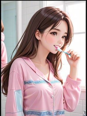 一位长发美女，穿着淡粉色睡衣，手拿牙膏在浴室镜子前刷牙，这一场景是以漫画风格描绘，简单的线条美学和白色背景。整个画面应该传达出幸福和温暖的感觉，以漫画书的风格呈现
