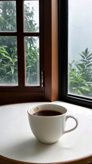 室内圆桌上的咖啡杯与小雨景