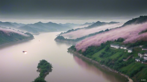 江南古镇烟雨蒙蒙，地上铺满了粉色的花瓣，非常漂亮，安静，超清画质，细腻度分辨率拉满，写实风融合数字艺术让人一看就心静如水