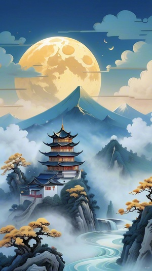 奇幻世界Gold inlaid jade carving, ultra wide shot of golden blue mountain peaks and clouds with ancient buildings on the mountainside, scattered gold coins falling from the sky like raindrops, starry night background, golden yellow light radiating, blue and white color scheme, meticulous painting in the style of a Chinese landscape illustration, clear lines, high definition.