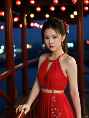 中国女孩，在夜晚的桥上，身穿红衣，面色发白，没有影子