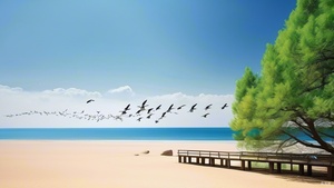 Springtime brings beautiful scenery, with the fragrance of flowers and plants wafting under the spring breeze. Swallows fly in the sky, while a peaceful scene of mandarin ducks sleeping on the warm beach creates a contrast of motion and tranquility. At noon, the light and shadow of Bexinski, white and gold, blue, Chinese landscape posters, gradient, textured matte, minimalist masterpiece.