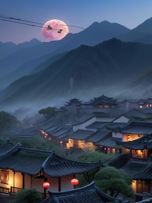 Ancient Chinese village with traditional houses and mountains in the background, depicting a peaceful and serene environment.