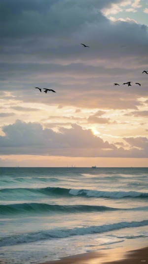 Seagulls Flying Over the Sea at Sunset in an Impressionist Style