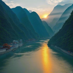 The Three Gorges through the lensof Wong Kar-wai. Along the banks of the Three Gorges, the scenery is picturesque, with towering cliffs reaching into the clouds, as if every stone is imbued with the marks of time. The river is wide and calm, its tranquility hinting at an indescribable grandeur. Theafterglow of the setting sun casts the mountains in a golden hue, painting the sky with a golden glow that seems to envelop the whole world in a mystical light. The mountains, river, and sky all seem to merge into