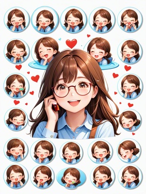 上班女青年，背景白色全身图，9种姿势和表情，emoticons［高兴、可爱、期待、大笑和害羞、困倦、吃饭和头晕、表达爱意等］，贴纸，戴眼镜，喝水，打电话，打电脑，看电脑，9宫格，8k分辨率，高细节，平面设计，数字化，艺术，白色背景