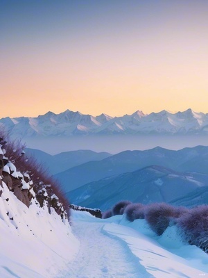 连绵起伏的山脉，覆盖着厚厚的积雪，天空中没有一只飞鸟。山脉的广阔和寂静。山间小径，雪地上没有足迹，显得格外孤寂。沿着小径移动，强调无人的寂静。