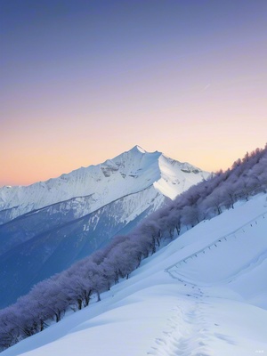 连绵起伏的山脉，覆盖着厚厚的积雪，天空中没有一只飞鸟。山脉的广阔和寂静。山间小径，雪地上没有足迹，显得格外孤寂。沿着小径移动，强调无人的寂静。