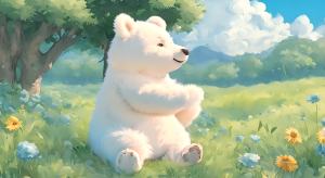 天蓝色的天空下，一只巨大的可爱熊宝宝在草地上欢快的唱歌，熊宝宝身上的毛白色，长长的，毛茸茸很可爱，背景蓝色，蓝色光芒。朵朵白云在流动，风格:动漫插画