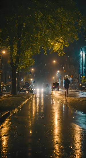 春夜雨下 街道背影 车辆行驶 树木掩映真实相机拍摄