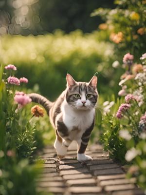 猫在花园里奔跑