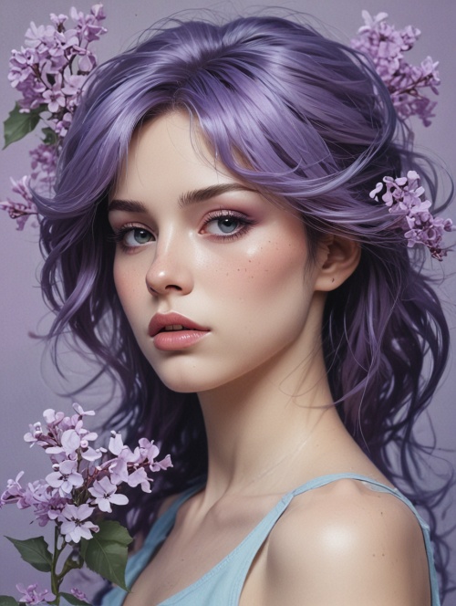 美女，淡紫色和淡蓝色色调，忧郁的神情，笔触细腻，色调柔和，线条优美。漫画感