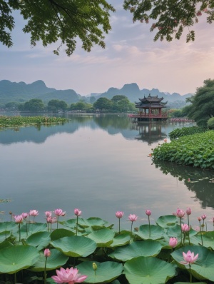 杭州西湖风景秀丽，湖面清澈，湖心有石拱桥，有船，荷叶粉色荷花，雨后的治愈系天空，百花齐放，万花丛中，全景真实自然，超细，超分辨率，超高清晰度图像质量8k