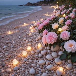 月光下美丽的海滩上的彩色山茶花和鹅卵石