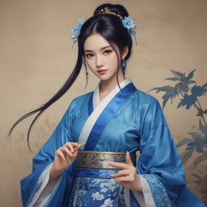 动漫人物，汉代风格，蓝色，精致的笔触，传统服饰，古风美女