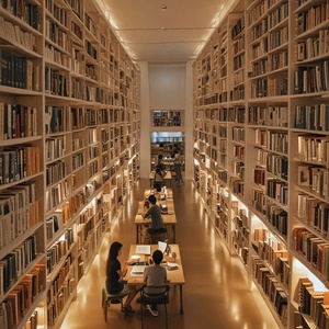 A quiet library filled with young Asian individuals, each engrossed in their own world of books. The scene is serene and calm, with a soft light illuminating the rows of bookshelves.