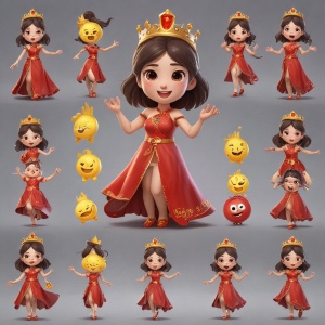中国女孩公主Q版，红色发光连衣裙全身，戴着皇冠，表情包，9个表情包，开心，微笑，悲伤，严肃，跑，,提裙，战斗姿态，表情符号表，各种姿势和表情，不同的情绪，各种poss和表情，8k,高清
