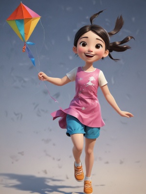 卡通3D画，一个放风筝的中国快乐女孩