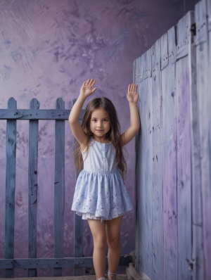 一个小小的长发少女，站在天台的围栏旁，一只手放在围栏上，蓝紫色调，笔触细腻，色调柔和，打光优美