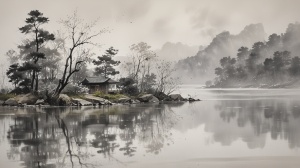 春天，湖边涨潮，下雨天，中国水墨画