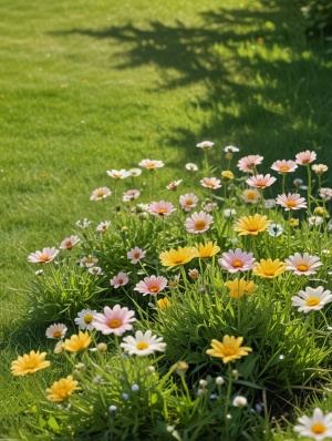 温馨美好的一天，柔和的阳光照在草坪和可爱的小花上，近景特写，高清摄影，治愈系风格