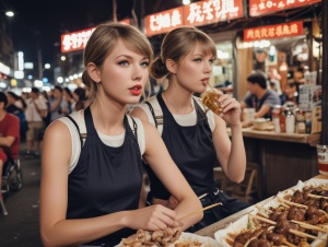 泰勒斯威夫特,中国城市,夏天晚上,路边小吃摊,穿着短袖背心,坐在街头喝啤酒,吃羊肉串,近景,写实,富士相机风格