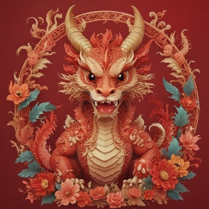 中国龙卡与红色背景和可爱的动物字符，在fawncore 的风格，32kuhd,漫画样的壁纸插图，solapunk,钱轩，色彩强度，独特的人物设计
