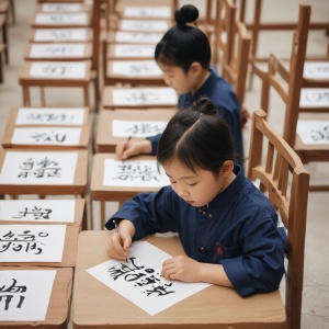 Q版，练书法的中国小孩，极简主义