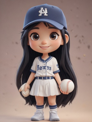 A girl wearing a baseball uniform, with a hat, and long black hair,good smile, 3d Pixar character style, rocks,super detail, gradientbackground, soft colors, soft lighting,high detail, art station, art, ip,blind box, 8k, best quality, 3d, c4d, blender. ar 9:16一个穿着棒球服的女孩，戴着一顶帽子，和黑色长发，良好的微笑，3D 皮克斯性格风格，岩石，超级细节，渐变背景，柔和的颜色，柔和的灯光，高细节，艺术站，艺术，IP，盲盒，8K，最好的质量，3d，c4d，搅拌机. ar 9:16