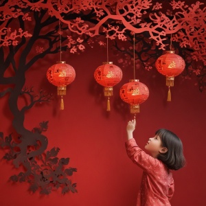 小女孩挂灯笼，剪纸作品，中国新年，想象，精妙，镂空设计，光影，3D，红色背景