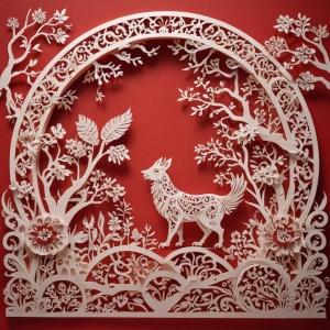 剪纸作品，中国新年，想象，精妙，镂空设计，光影，3D，红色背景