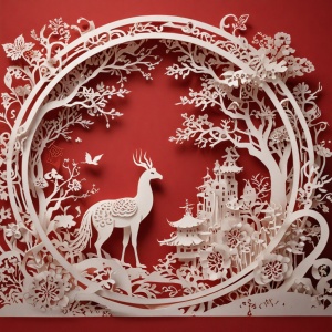 剪纸作品，中国新年，想象，精妙，镂空设计，光影，3D，红色背景