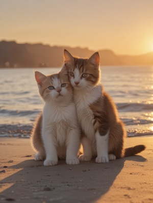 夕阳下，在海边，两只互相拥抱，互相取暖的超可爱的小猫咪，超高清画质，64K超高清