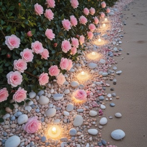 这张照片是月光下美丽的海滩，海滩上散落着许多彩色的、浅粉色山茶花和通透的、圆形的、有光泽的鹅卵石。带有玛瑙纹理的浅粉色山茶花和鹅卵石逐渐变成白色和美丽的浅粉色山茶花和鹅卵石，散发出淡淡的黄色，浅白色山茶花和鹅卵石散发出紫色，五颜六色，晶莹剔透，闪闪发光，耀眼的灯光，玫瑰花洒在蛋白石，小菊花飘落，园林风格，高清8kv超广角，超鹅卵石上，非常漂亮，广角镜头，光滑细腻，发光细节ar 9：16