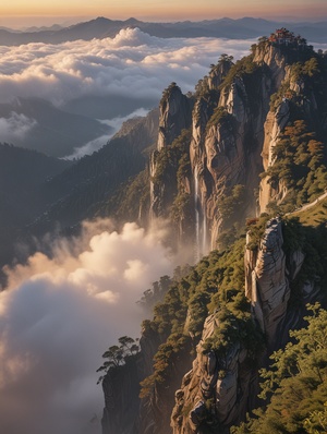 中国庐山，险峻的山峰刺破云海，云雾缭绕，瀑布从最高峰至上而下极具视觉冲击力，夕阳，黄昏，暖色调，从下往上看，低角度拍摄，oc渲染器，真实光线追踪，真实光线反射，真实光线折射，阴影，超逼真，超写实，精准，详细，复杂，大师作品 ，动态视角