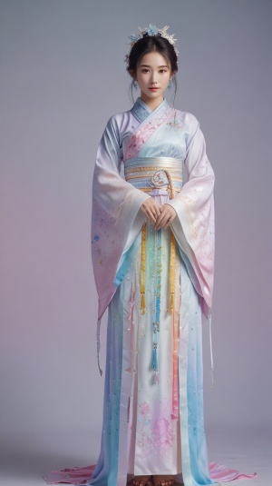 全身拍摄，有一个女孩穿着中国传统服装，全息效果，显示灯光，正面视图，柔和的渐变，干净的背景，超精细的细节,难以置信的美丽，梦幻彩虹核心