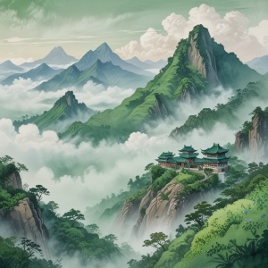 手绘插画，中国风，纯色背景，国潮山，青山，云雾弥漫