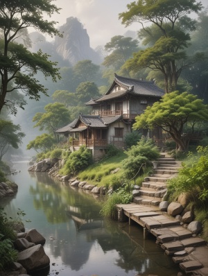 小溪边有小房子的画，楼梯直接到水边，中国画的风格，柔和的雾气，uhd图像，田园风光，精确绘画